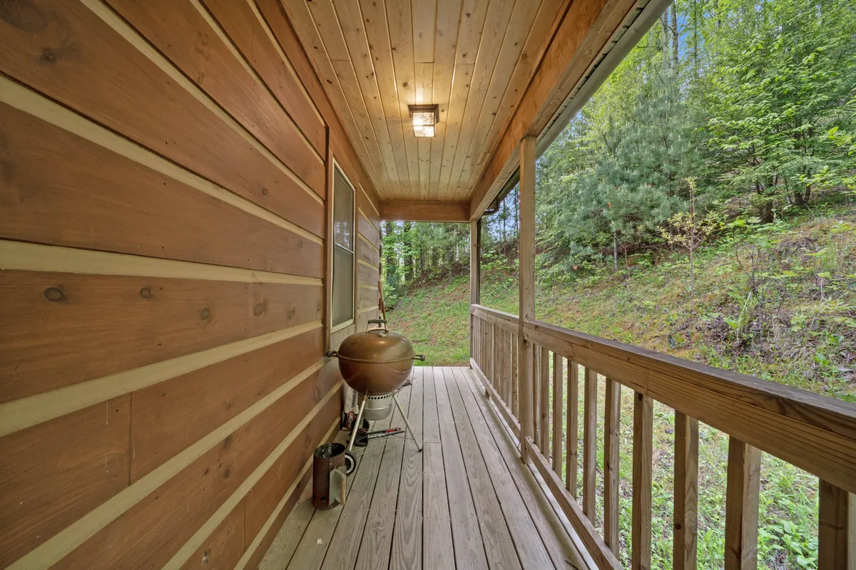 A cozy, wood-walled indoor space opens up to an outdoor view, with a grill visible and hints of greenery beyond the window. The scene suggests a seamless connection between relaxing inside and stepping outside to enjoy fresh air or a barbecue.